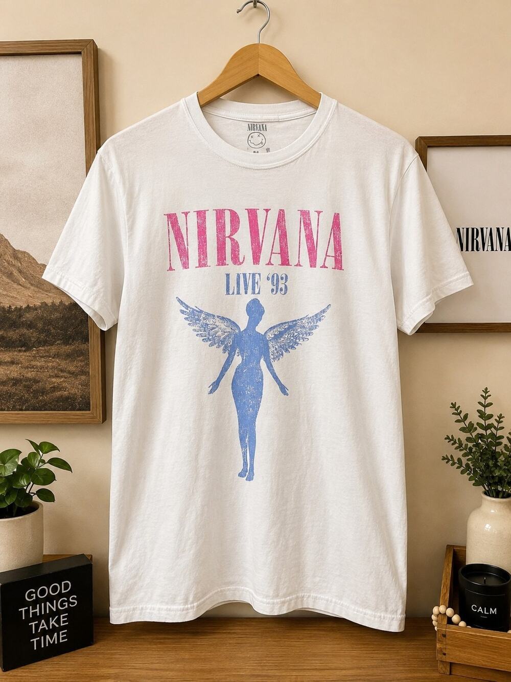 Nirvana Live ’93 Angel In Utero Graphic T-Shirt White Size M Grunge Band Tee